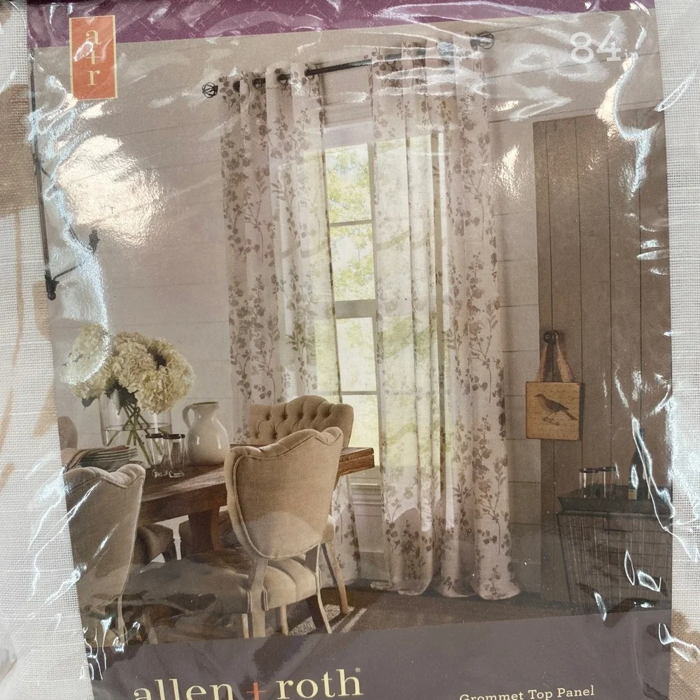 allen + roth Grommet Top Panel 54x84 Tan White Floral Vine Linen Blend Curtain